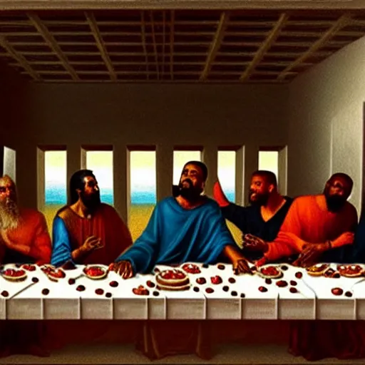 Prompt: kanye west at the last supper oil painting