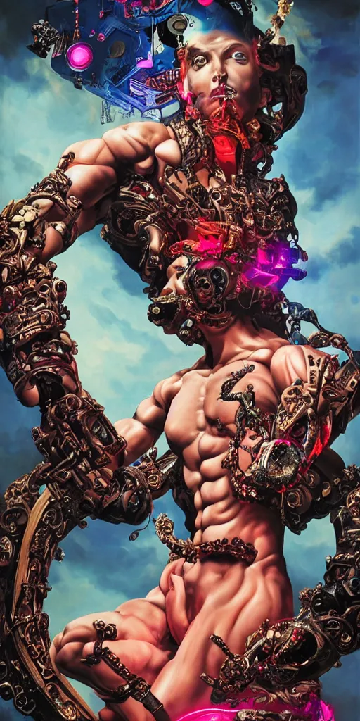 Image similar to baroque and cyberpunk style full-body sculpture of a young seductive Hispanic prince half android with a chest exposing a glowing ruby battery, glowing pink seductive laser eyes, crown of blue gears and diamonds, swirling salmon-colored silk fabric, robotic raptors dinosaurs. baroque elements. full-length view. intricate artwork by caravaggio. art by Artgerm and Greg Rutkowski and Alphonse Mucha, Trending on artstation, cinematic industrial lighting, photorealistic, octane render, 8k, depth of field, 3D