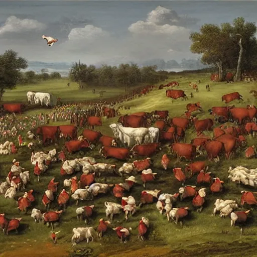 Prompt: large battle scene of cows vs chickens