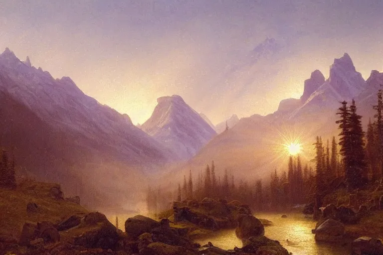 Prompt: an epic landscape painting of the three sisters mountains in canada, with snow on its peak, at sunrise in springtime, with a small river in the foreground, painted by albert bierstadt, atmospheric, volumetric lighting, rolling fog, breathtaking, highly detailed