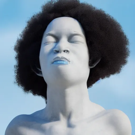 Image similar to a photorealistic all white marble sculpture of a black girl with a white afro crying