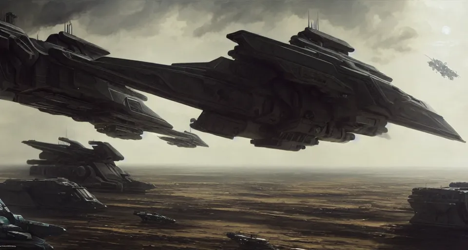 Image similar to hyper realistic sci - fi matte concept art painting of a low flying spaceship over a battlefield filled with mecha and transports, beautiful details, strong composition painted by kim jung guweta studio rutkowski, james gurney and greg rutkowski, and lucasfilm, smooth, intricate, detailed, sharp focus, cinematic