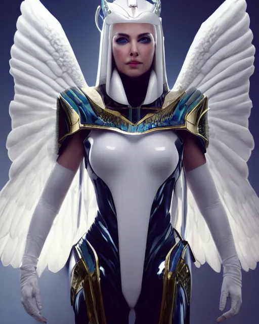 Image similar to perfect white haired attractive egyptian goddess with huge white dove wings, warframe armor, beautiful, symmetric, charlize theron, half asian, pretty face, blue eyes, scifi platform, laboratory, experiment, 4 k, ultra realistic, epic lighting, android body, illuminated, cinematic, masterpiece, art by akihito tsukushi, voidstar