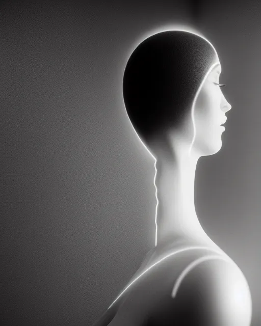 Image similar to black and white high quality photo of a beautiful female AI vegetal-cyborg looking into a sci-fi mirror, volumetric lighting, liminal space, brutalism, foggy, dreamy, hyperdetailed, bokeh, photorealistic, cinematic, masterpiece, elegant, dark, by Man Ray in the style of Horst P. Horst, octane render, 8K,