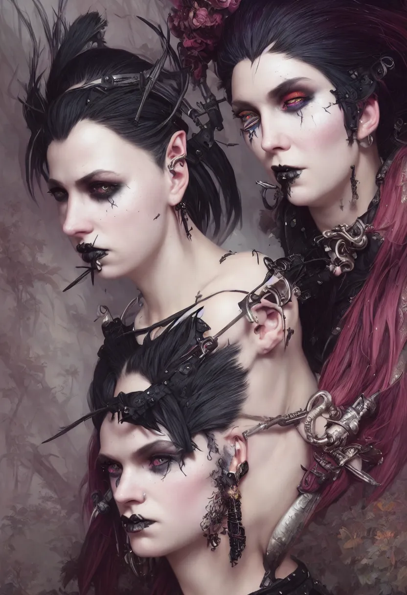 Image similar to beautiful very extreme closeup portrait, goth girl, piercings collar, mohawk hairstyle, medieval dress. witch, makeup. unreal engine, greg rutkowski, loish, rhads, beeple, tom bagshaw, alphonse mucha, global illumination, detailed and intricate environment