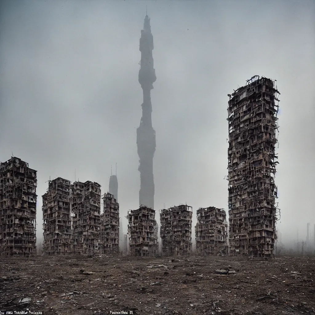 Image similar to tall towers, made up of makeshift squatter housing with faded colours, apocalyptic sky, misty, dystopia, mamiya rb 6 7, fully frontal view, ultra sharp, very detailed, photographed by andrei tarkovsky