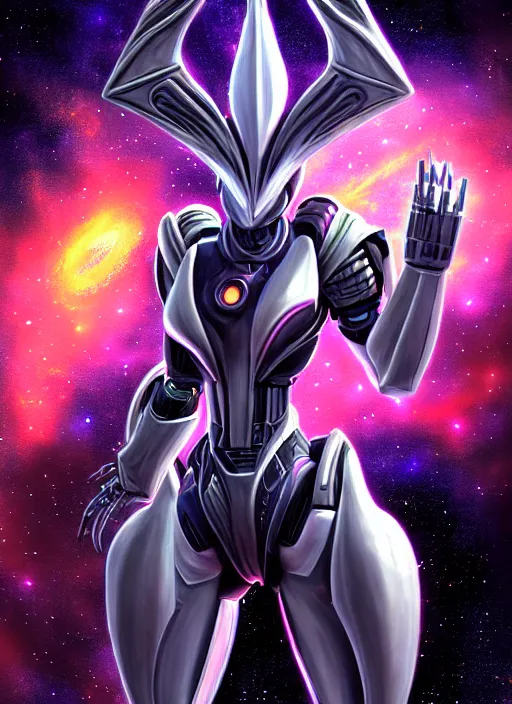 Image similar to cinematic goddess shot, cosmic sized perfectly proportioned stunning beautiful hot anthropomorphic robot mecha female dragon, in space, nebula sized, larger than galaxies, holding onto a galaxy, silver armor, epic proportions, epic size, epic scale, digital art, furry art, macro art, dragon art, giantess art, warframe fanart, furaffinity, deviantart