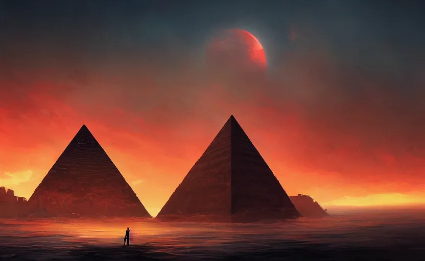 Prompt: A big pyramid with an eye on it floating in the sky, red sky, sunset, eerie, scary, digital art made by Stanley Artgerm Lau, WLOP, Rossdraws, James Jean, Andrei Riabovitchev, Marc Simonetti, Yoshitaka Amano, ArtStation, CGSociety