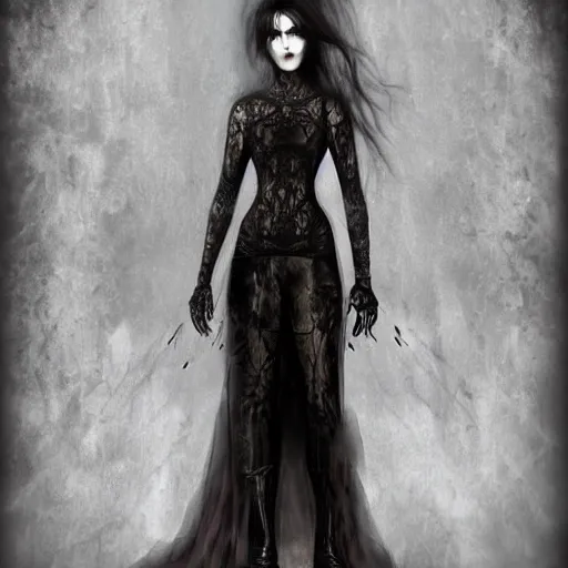 Image similar to full length portrait of a woman with timeless beauty & breathtaking eyes dressed in gothic attire, intricate digital art, elegant, DSLR 8K, biblical art, realism, incomprehensible detail, final fantasy & silent hill aesthetic, photorealistic, lifelike, created by z--ed on deviantart