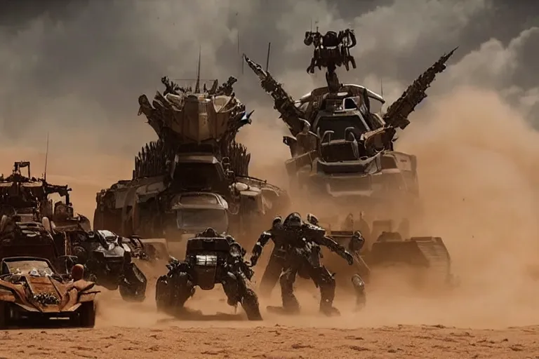 Image similar to epic sandstorm battle, Action, movie pacific rim, in the Movie transformers, in the Movie Mad Max: Fury Road (2015)