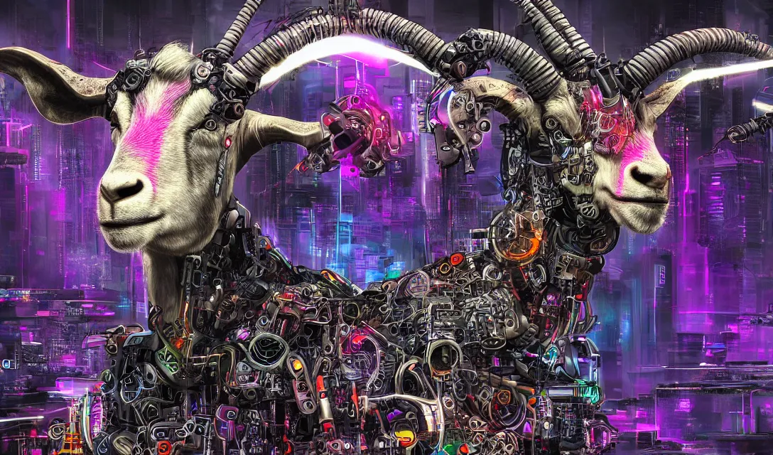 Image similar to complex cyberpunk machine background merged with evil cybernetic goat head in center focus, multicolored digital art