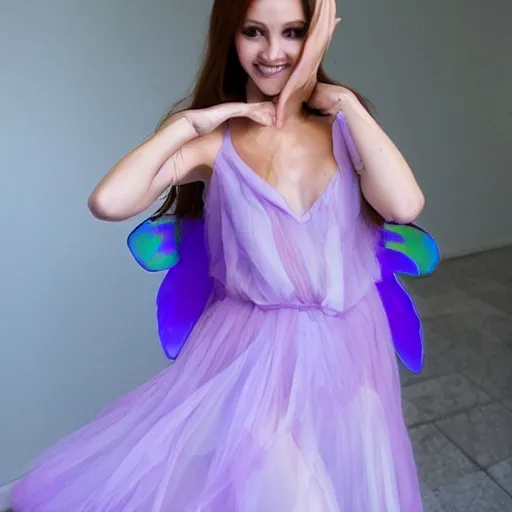 Image similar to very very very beautiful tiny fairy woman in her 20s with fairy wings wearing skintight purple dress, making eye contact, smiling, flirty, perfect body, perfect face, hyperrealistic