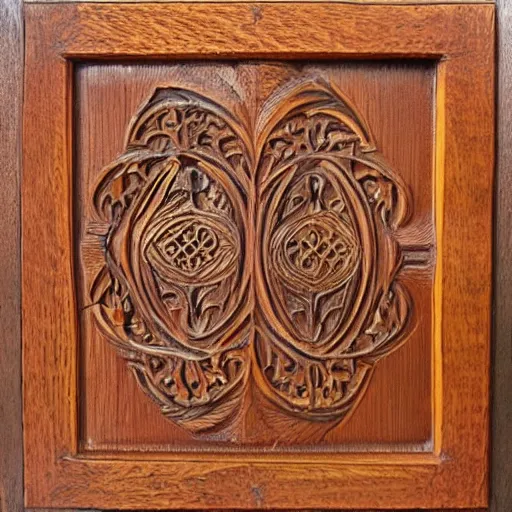 Prompt: Anglo-Saxon, intricate wood carving, colour stained, rich woodgrain, lacquer finish
