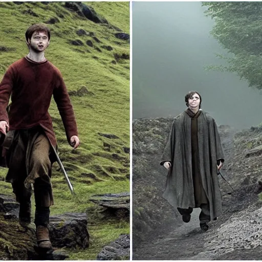 Image similar to daniel radcliffe as harry potter walking, in orodruin from lord of the rings, lava, mountain