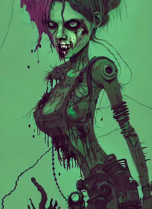 Image similar to highly detailed portrait of an moody wasteland punk long dripping green poison hair tribal zombie lady, stray wiring by atey ghailan, james gilleard, by joe fenton, by greg rutkowski, by greg tocchini, by kaethe butcher, 4 k resolution, gradient purple, brown black and white color scheme!!! ( ( green flaming robotic sewer background ) )