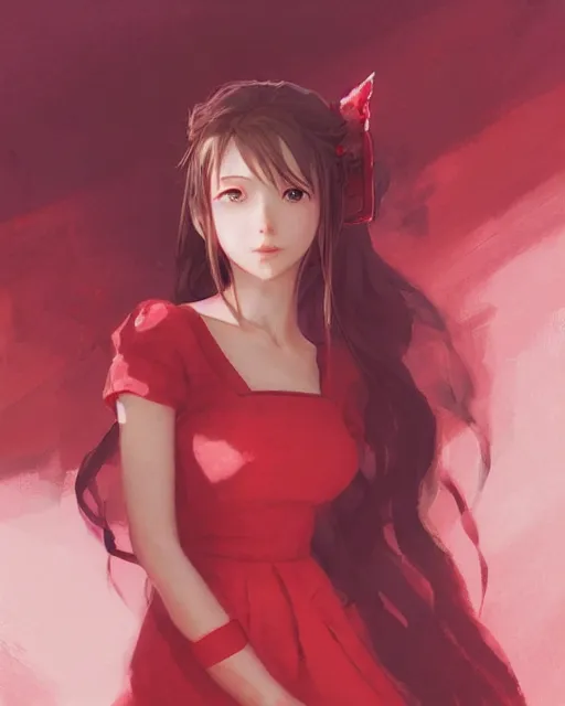 Prompt: aerith gainsborough in red cottagecore dress, portrait, illustration, rim light, top light, perfectly shaded, soft painting, art by krenz cushart and wenjun lin