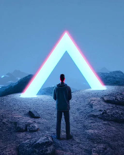 Image similar to a man standing in the middle of a mountain with a glowy neon triangle, a render by filip hodas, behance contest winner, environmental art, rendered in cinema 4 d, volumetric lighting