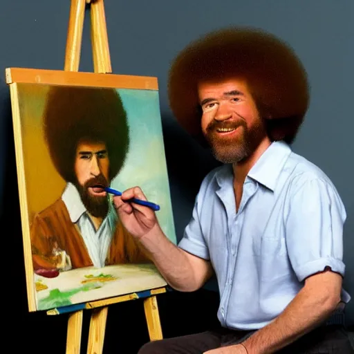 prompthunt: a painting of Bob Ross sitting in front of an easel painting a  picture of Bob Ross sitting at a table painting a picture of Bob Ross  eating an apple, painted