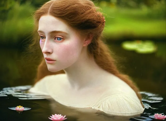 Image similar to Kodak Portra 400, 8K, soft light, volumetric lighting, highly detailed, britt marling style 3/4 ,portrait photo of a beautiful woman how pre-Raphaelites painter, the face emerges from the water of a pond with water lilies, inspired by Julie Dillon and John Everett Millais, a beautiful lace dress and hair are intricate with highly detailed realistic beautiful flowers , Realistic, Refined, Highly Detailed, natural outdoor soft pastel lighting colors scheme, outdoor fine art photography, Hyper realistic, photo realistic