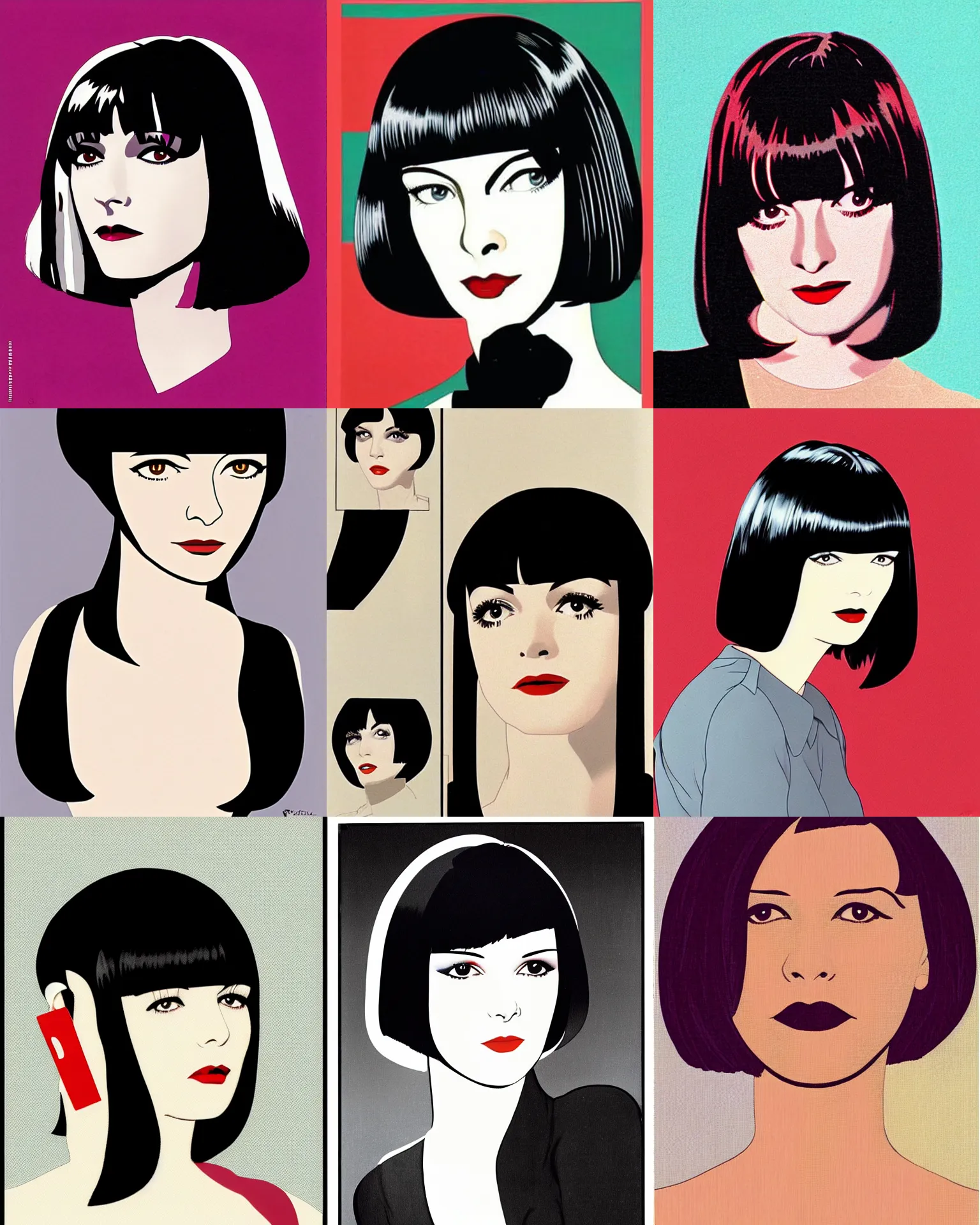 Prompt: mary louise brooks 2 5 years old as mia wallace, in pulp fiction 1 9 9 4, round bob haircut, by patrick nagel