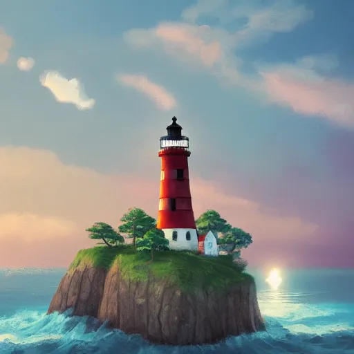 Prompt: beautiful cute cozy lighthouse by the sea, golden warm light, style of hayao miyazaki, digital art trending on artstation