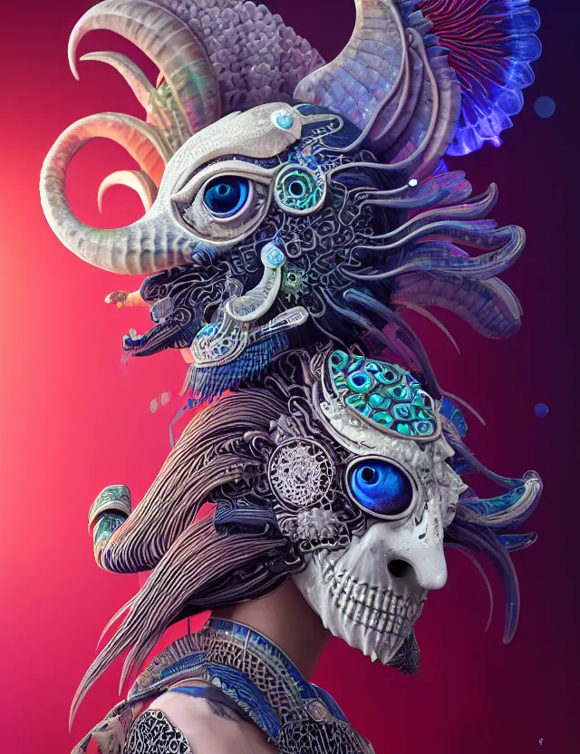 Image similar to 3 d goddess close - up profile solarpunk portrait ram skull. beautiful intricately detailed japanese crow kitsune mask and clasical japanese kimono. betta fish, jellyfish phoenix, bio luminescent, plasma, ice, water, wind, creature, artwork by tooth wu and wlop and beeple and greg rutkowski