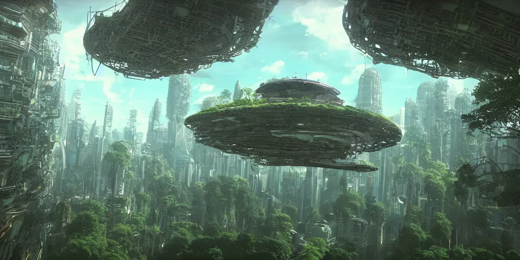 Prompt: future city covered by forest creature, flying, culture, smooth, spaceship, skyscraper, howl's moving castle, by studio ghibli, makoto shinkai, 4 k, unreal engine