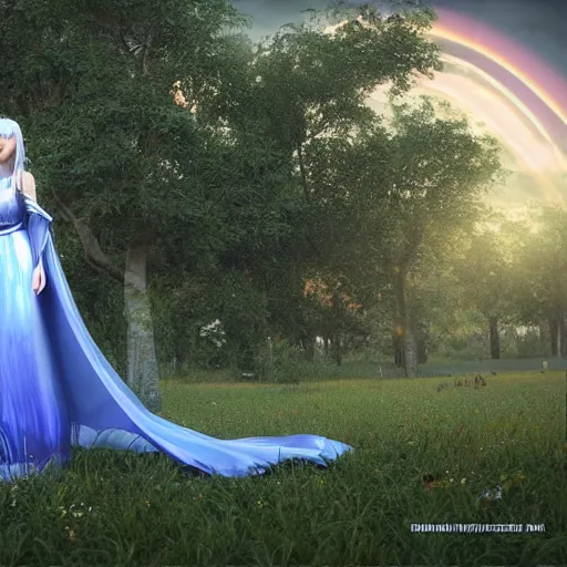 Prompt: “hyperrealistic ultra detailed unreal engine 5 RTX raytracing nvidia hairworks render of portrait of the most beutiful girl with blue eyes and white hair. She is in heavens garden. She has amazing silver jevelery. Nose piercing. Latex dress . Ultra realistic face Rainbow. Trending art station. Grymes inspires. Wonderful landscape on the background”