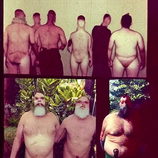 Image similar to secret photos of a cult hidden underground in brisbane. everyone must not wear pants, only shirts, all their hair is shaved off but beards are aloud. you must carry a large vegetable at all times. very creepy photos of this strange cult in the year 1 9 9 7