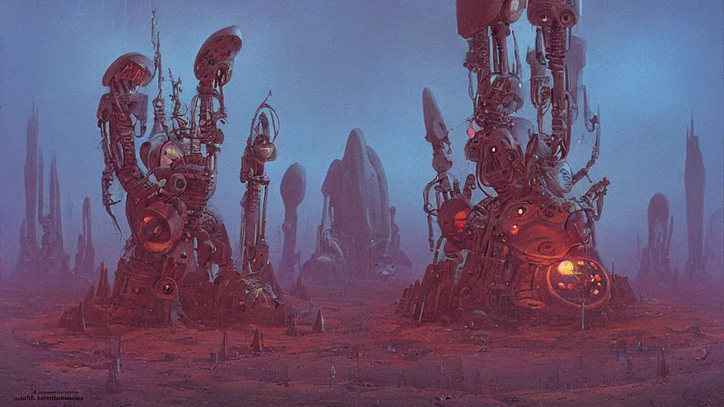 Image similar to mysterious whimsical sculpture of alien technology by paul lehr and john schoenherr and john harris, cinematic matte painting