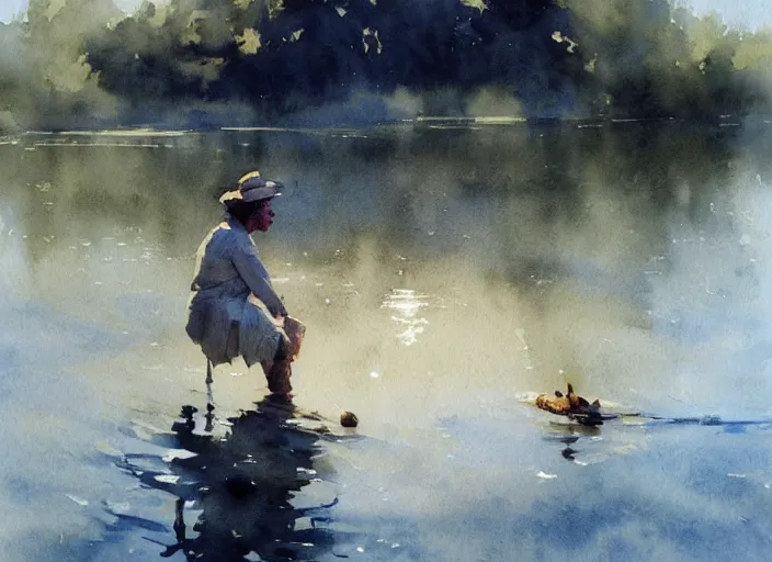 Prompt: watercolor painting of sunny summer morning, calm water, art by anders zorn, wonderful masterpiece by greg rutkowski, beautiful cinematic light, american romanticism by greg manchess, creation by tyler edlin, aquarelle