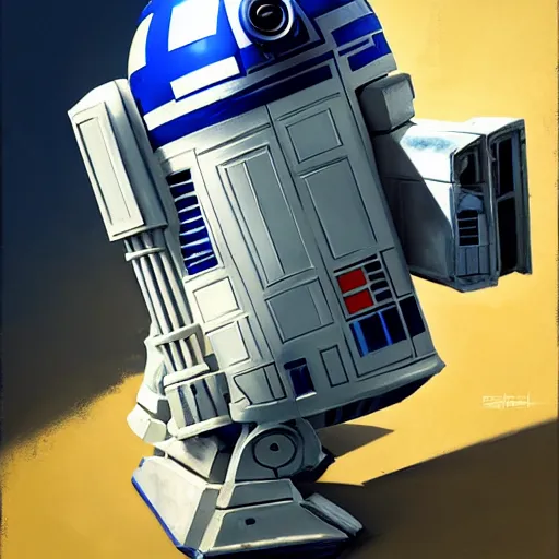 Image similar to greg manchess portrait painting of r 2 d 2 as overwatch character, medium shot, asymmetrical, profile picture, organic painting, sunny day, matte painting, bold shapes, hard edges, street art, trending on artstation, by huang guangjian and gil elvgren and sachin teng