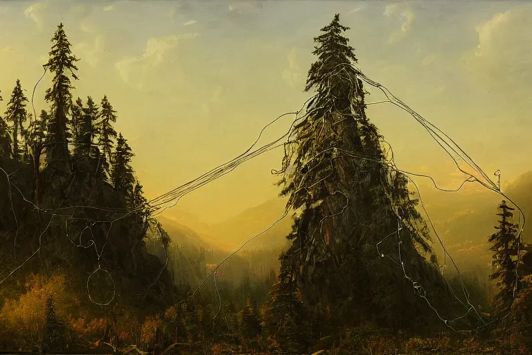 Prompt: a masterclass painting of a gloomy twilight forest mountain landscape. a giant tangled robotic wire structure is hanging from the sky in the middle of the landscape, not touching the ground