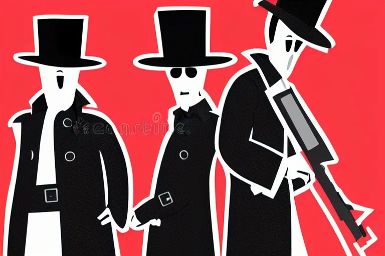 Image similar to poster matte shaded illustration of two donald trumps wearing trench coats and big floppy black spy hats starring in spy vs spy