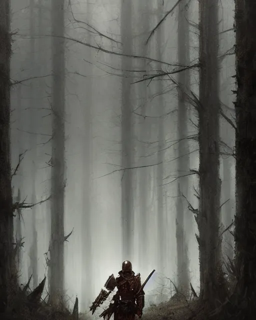 Prompt: Hyper realistic painting of a knight in full plate armor that has completely turned to rust, hyper detailed, surrounded by a dark forest, fog, moody, creepy, cinematic lighting, by greg rutkowski, trending on artstation