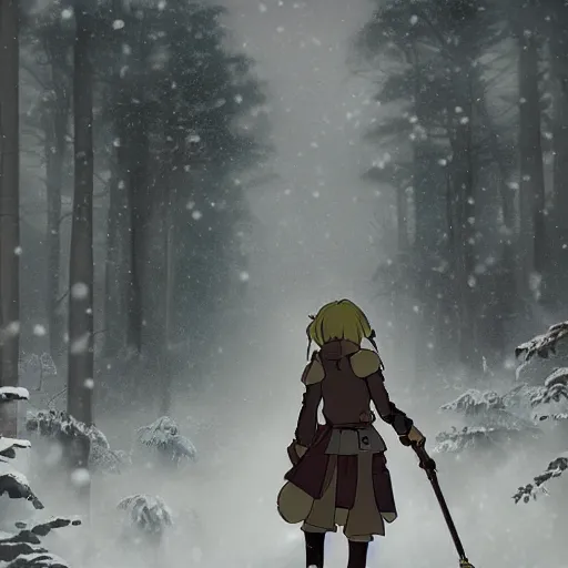 Image similar to a girl with steampunk armour and weapons walking through a foggy forest, studio ghibli, extremely detailed, ominous, snowy, snowing, dead trees, anime,