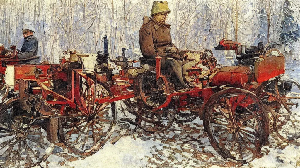 Prompt: russian revolution diesel - powered 1 9 1 0, painting by carl larsson