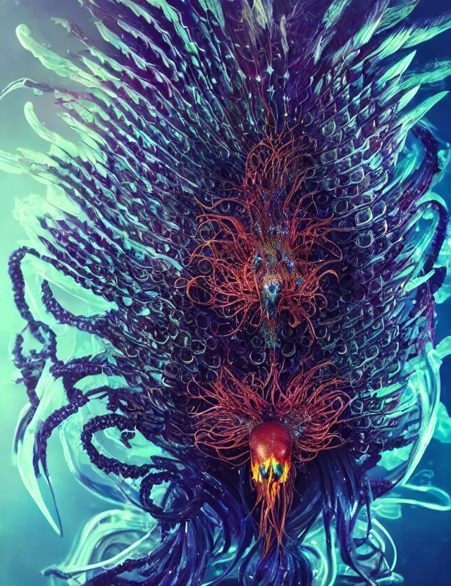 Image similar to witch phoenix macro close - up portrait with crown made of ram skull. phoenix, betta fish, jellyfish, bioluminiscent, plasma, ice, water, wind, creature, super intricate ornaments artwork by tooth wu and wlop and beeple and greg rutkowski