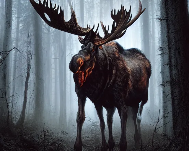 Image similar to 5 5 mm portrait photo of an armored demonic undead rotting moose with red eyes antlers and looking at the camera, in a magical forest. magical atmosphere. art by greg rutkowski and luis royo. highly detailed 8 k. intricate. lifelike. soft light. nikon d 8 5 0.