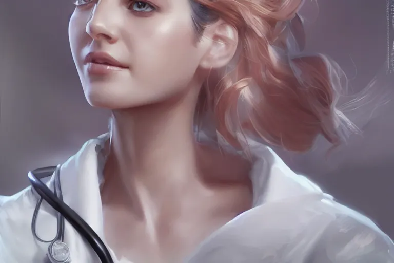 Image similar to an elegant and beautiful female doctor in a white coat in a hospital ward, cinematic, highly detailed, digital painting, artstation, concept art, matte, sharp focus, illustration, art by artgerm and greg rutkowski