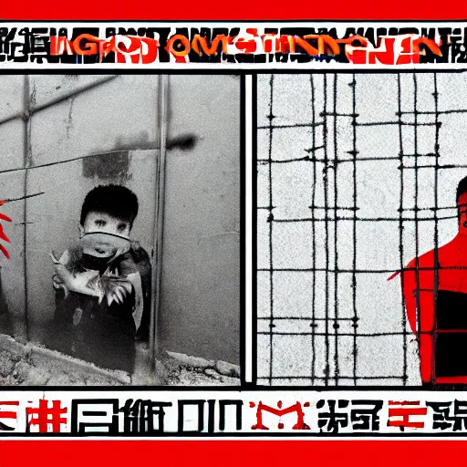 Image similar to uyghur Uighur in a prison behind bars, organ harvesting, in the style of daniel johnston and outsider art, 8k, line brush, overlaid with chinese adverts