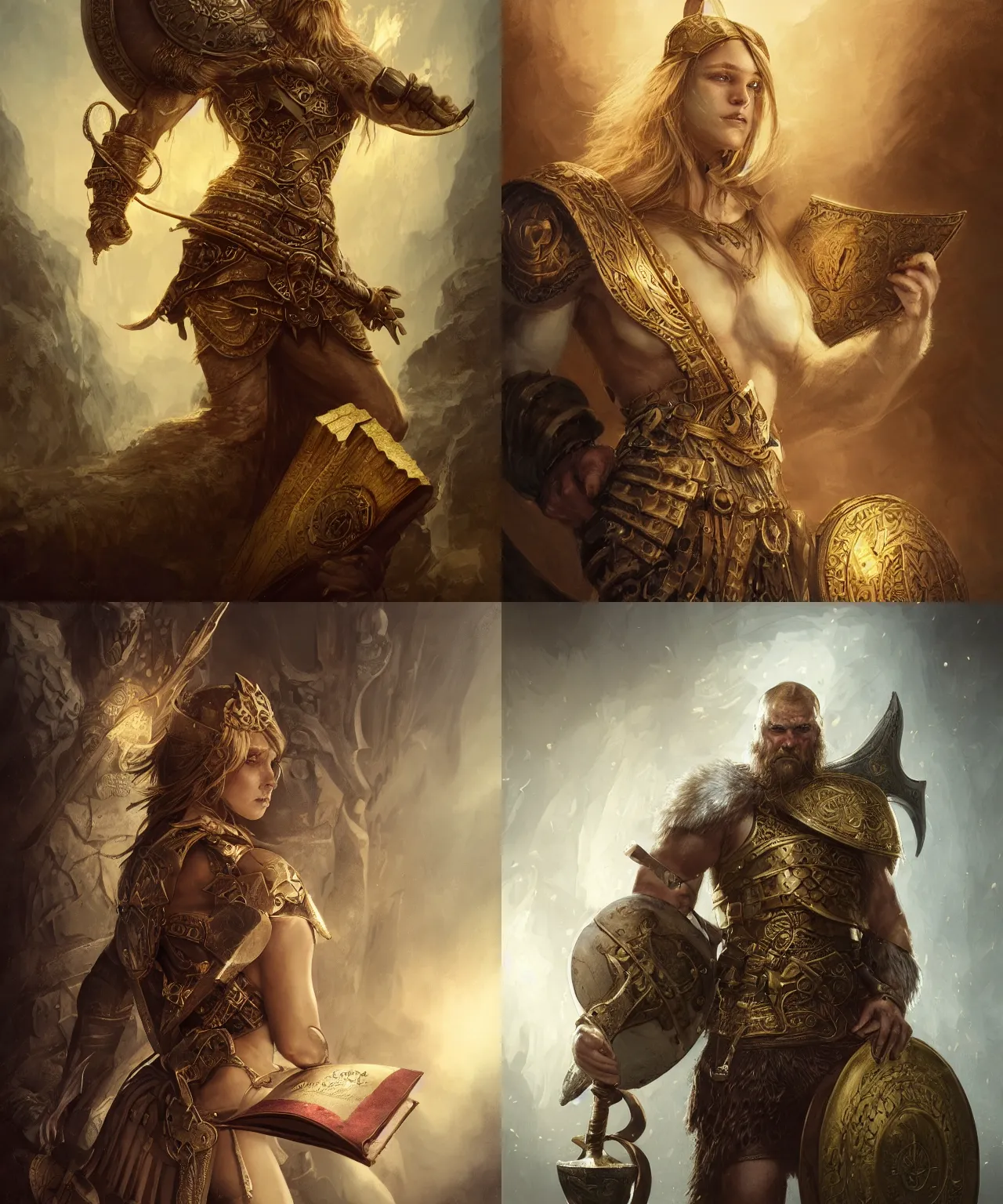 Prompt: a heavy set viking warrior holding two gold and leather bound books, fantasy, illustration, artstation, cinematic lighting, hyperdetailed, cgsociety, 8k Resolution, high resolution, Charlie Bowater, Tom Bagshaw, Tom Richmond, insanely detailed and intricate, beautiful, elegant, golden ratio, royal swan insignia in background