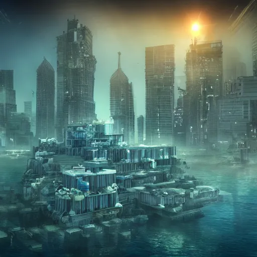 Image similar to a gigantic city base underwater, photo-realistic, colorful, dark, smog, complex, shot by a camera,