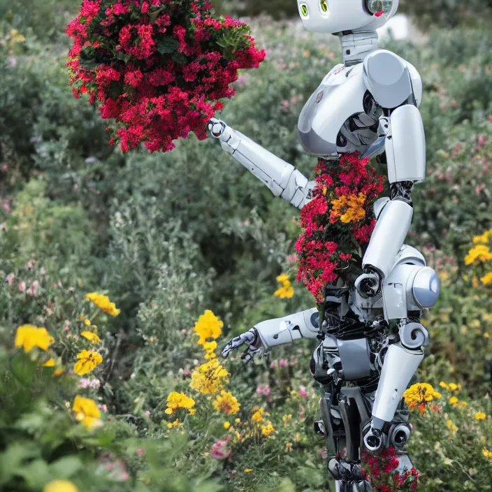 Image similar to a robot wearing a cloak made of flowers, by Omar Z. Robles, CANON Eos C300, ƒ1.8, 35mm, 8K, medium-format print