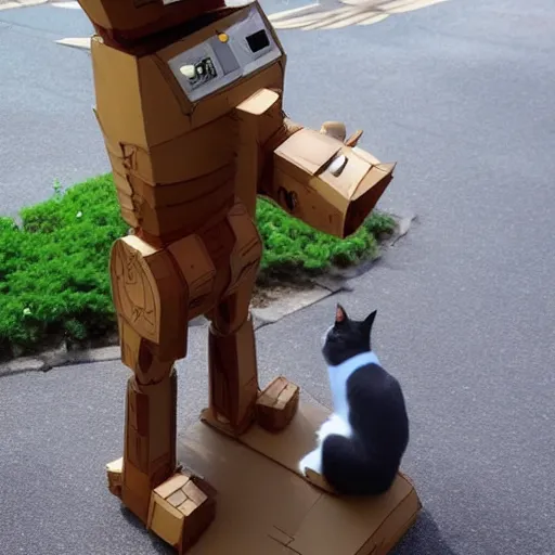 Image similar to a cat sitting on top of a robot suit, a statue by Studio Ghibli, featured on reddit, mingei, made of cardboard, sci-fi, futuristic