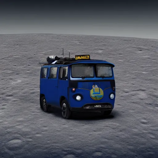 Prompt: a dark blue tuk tuk traveling on the surface of the moon, moon craters, black sky, hard lighting, matte painting, concept art, 4k