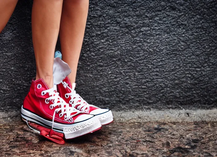 Prompt: side view of the legs of a woman hook sitting on the ground on a curb, very short pants, wearing red converse shoes, wet aslphalt road after rain, blurry background, sigma 8 5 mm