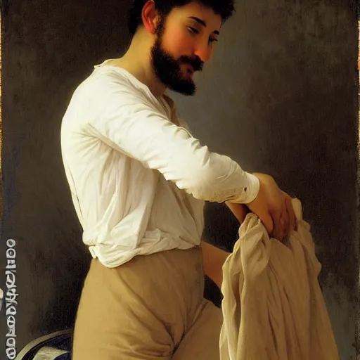 Prompt: painting of a man ironing his collar shirt placed on a bed. smiling. happy. cheerful. art by william adolphe bouguereau. extremely detailed. beautiful. 8 k. award winning.