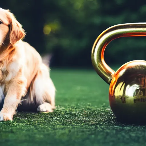 Image similar to A very small golden retriever, next to a huge kettlebell, award winning photo, 4k, highly detailed, 35mm lens, bokeh