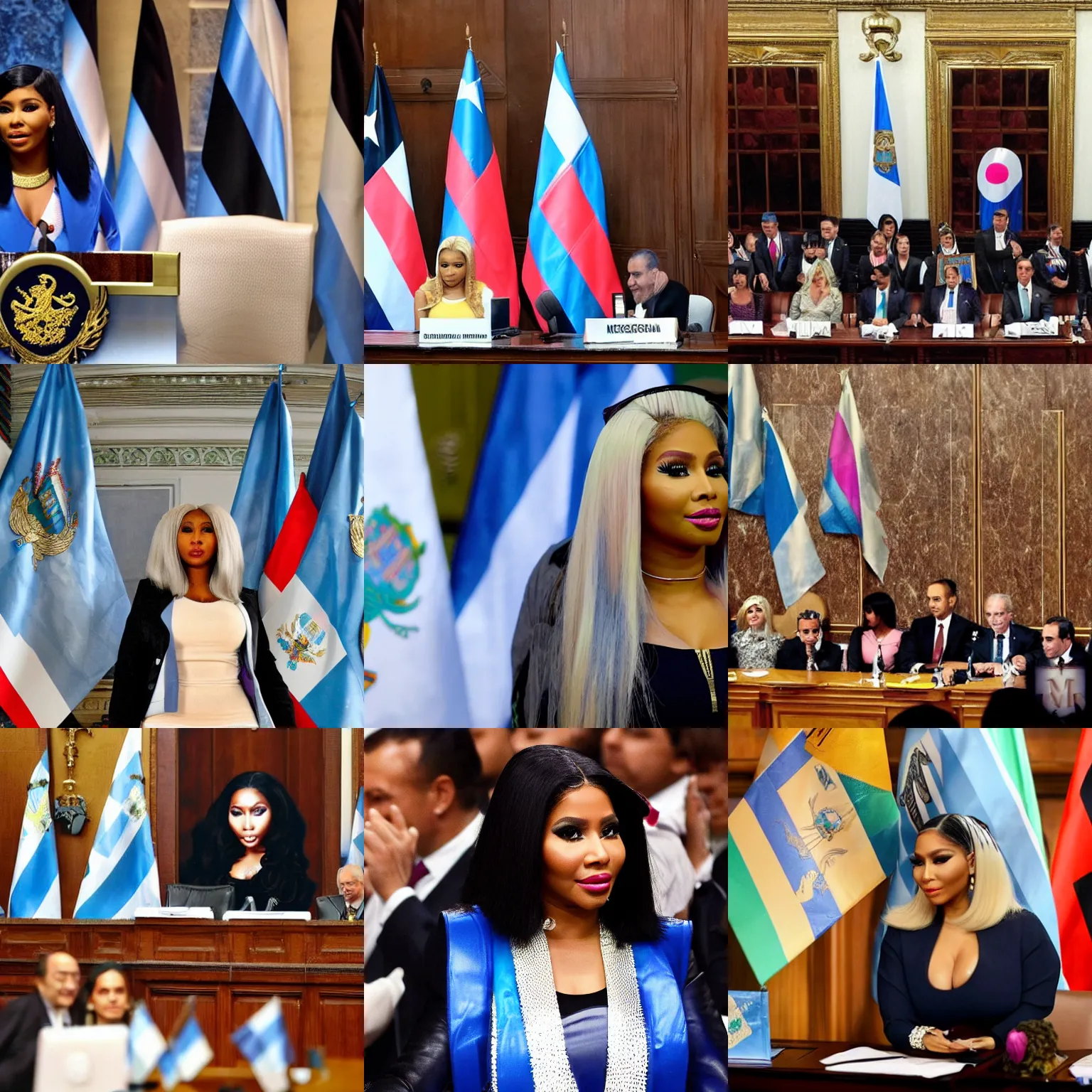 Image similar to Nicki Minaj president of Argentina, in the Argentine Congress, flags of Argentina behind, detailed picture